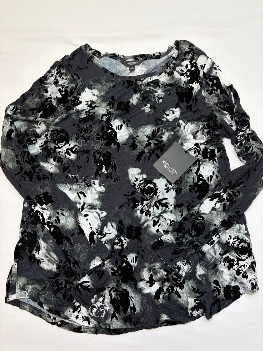 Simply Vera Wang Black Gray Floral Flocked Burnout Gothic Long Sleeve Top XL NWT